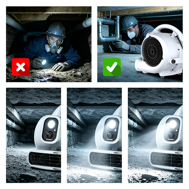 XPOWER P-230L 2-IN-1 Mini Air Mover Floor Fan With Integrated 3-Speed LED Spotlight